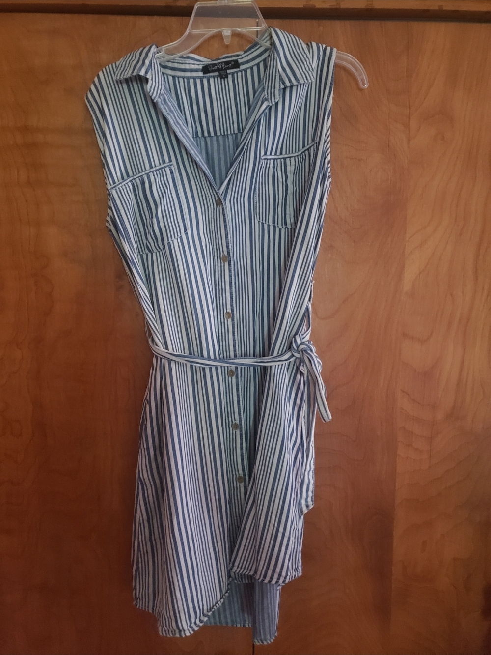Sleeveless Blue & Cream Striped Tie-Waist Mini Dress